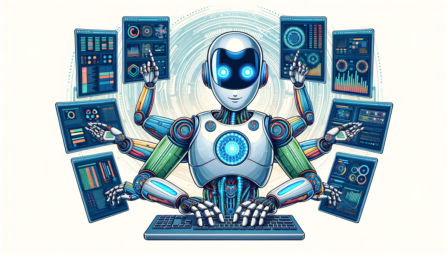 AIエージェントのキャラクターが様々なタスクを同時にこなしている様子