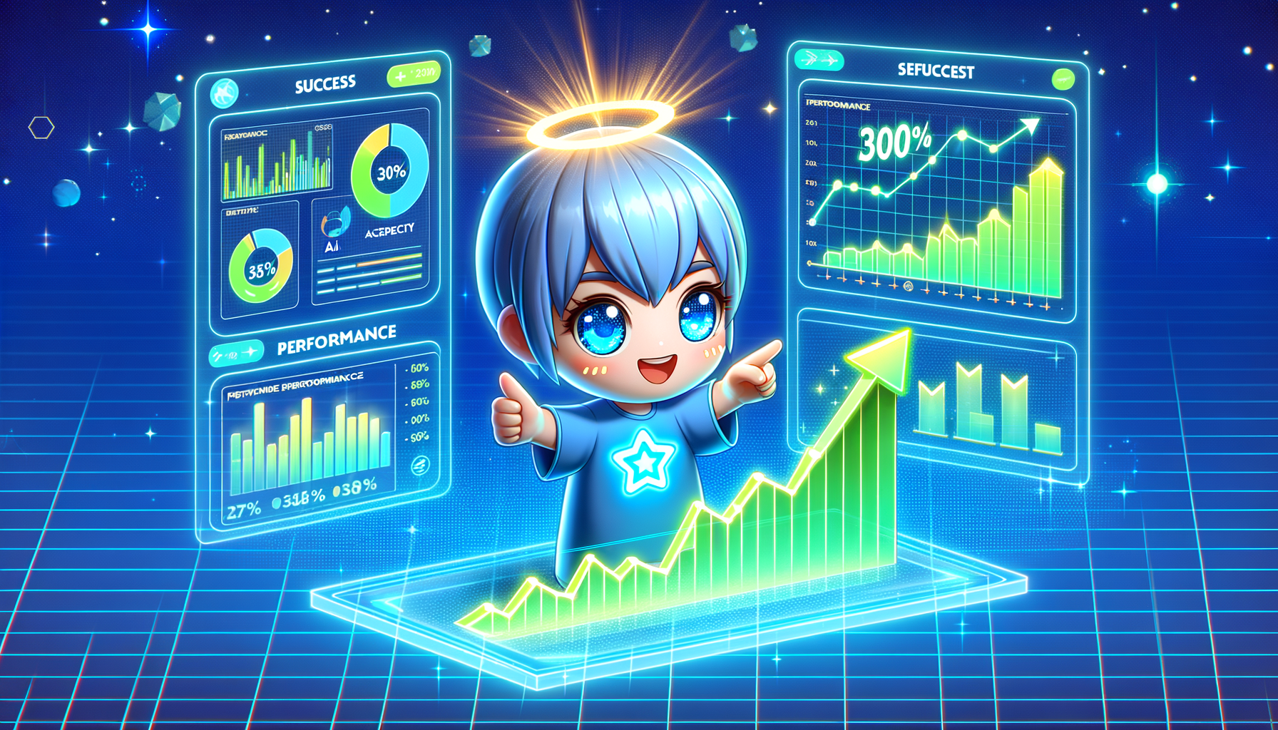 グラフで効果を示すAIキャラクター