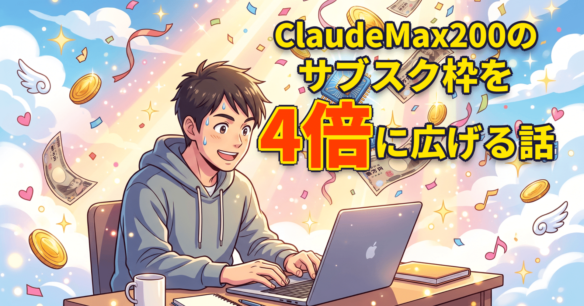 Claude Max 200のサブスク枠を4倍に広げる話。noteの有料記事を紹介するアイキャッチ画像