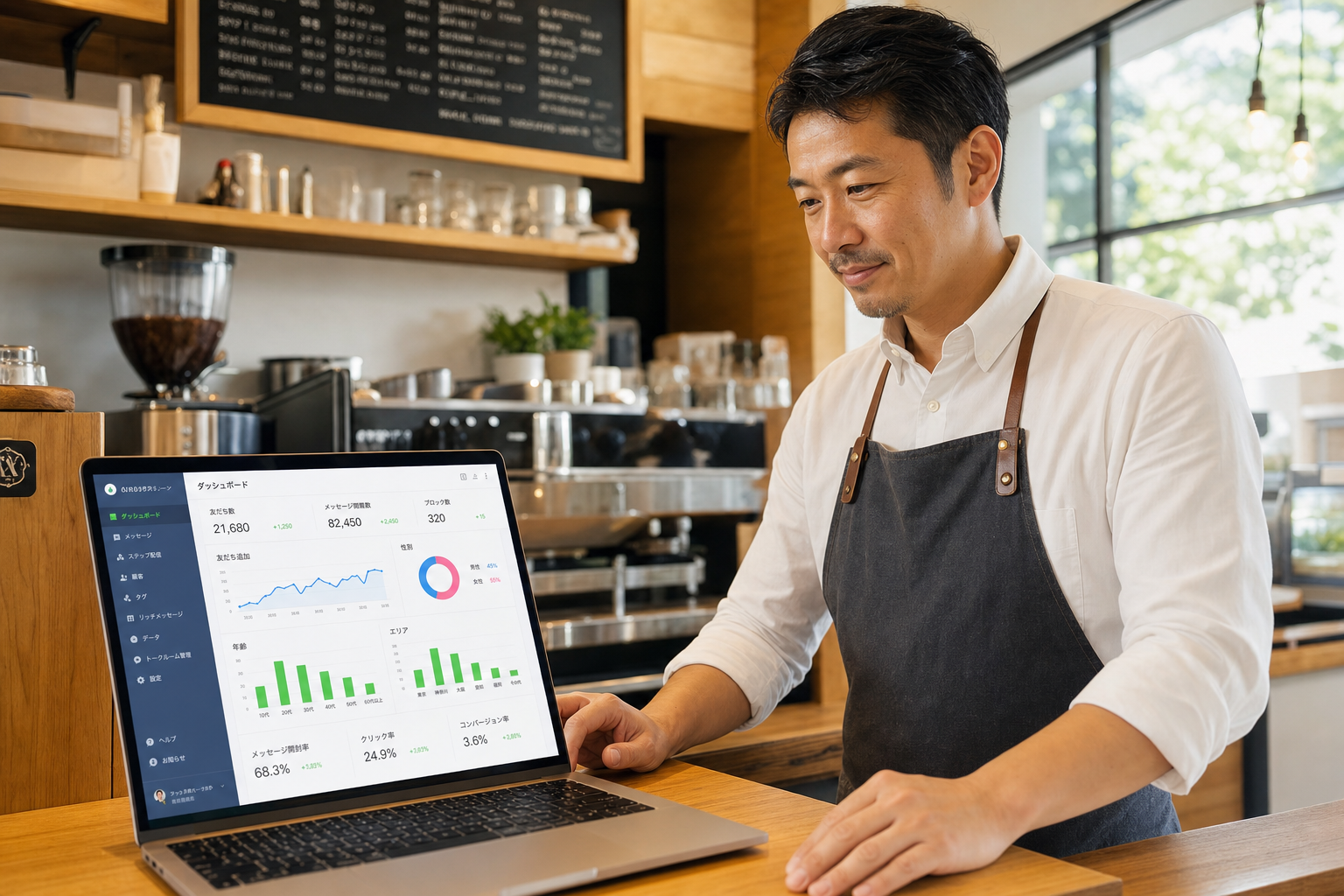 店舗のオーナーがラップトップでLINE公式アカウントの分析ダッシュボードを見ている