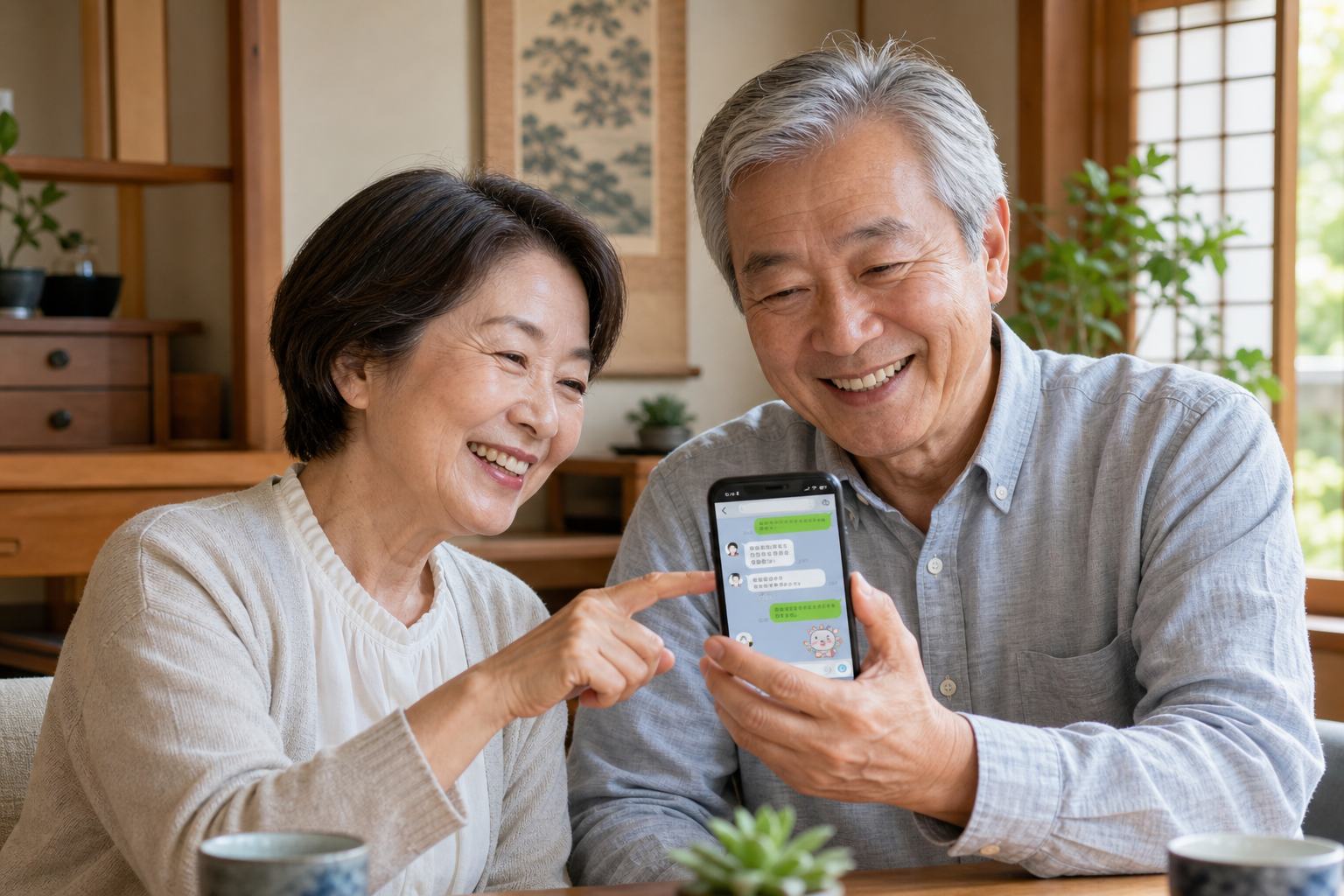 自宅でスマートフォンを使う老夫婦