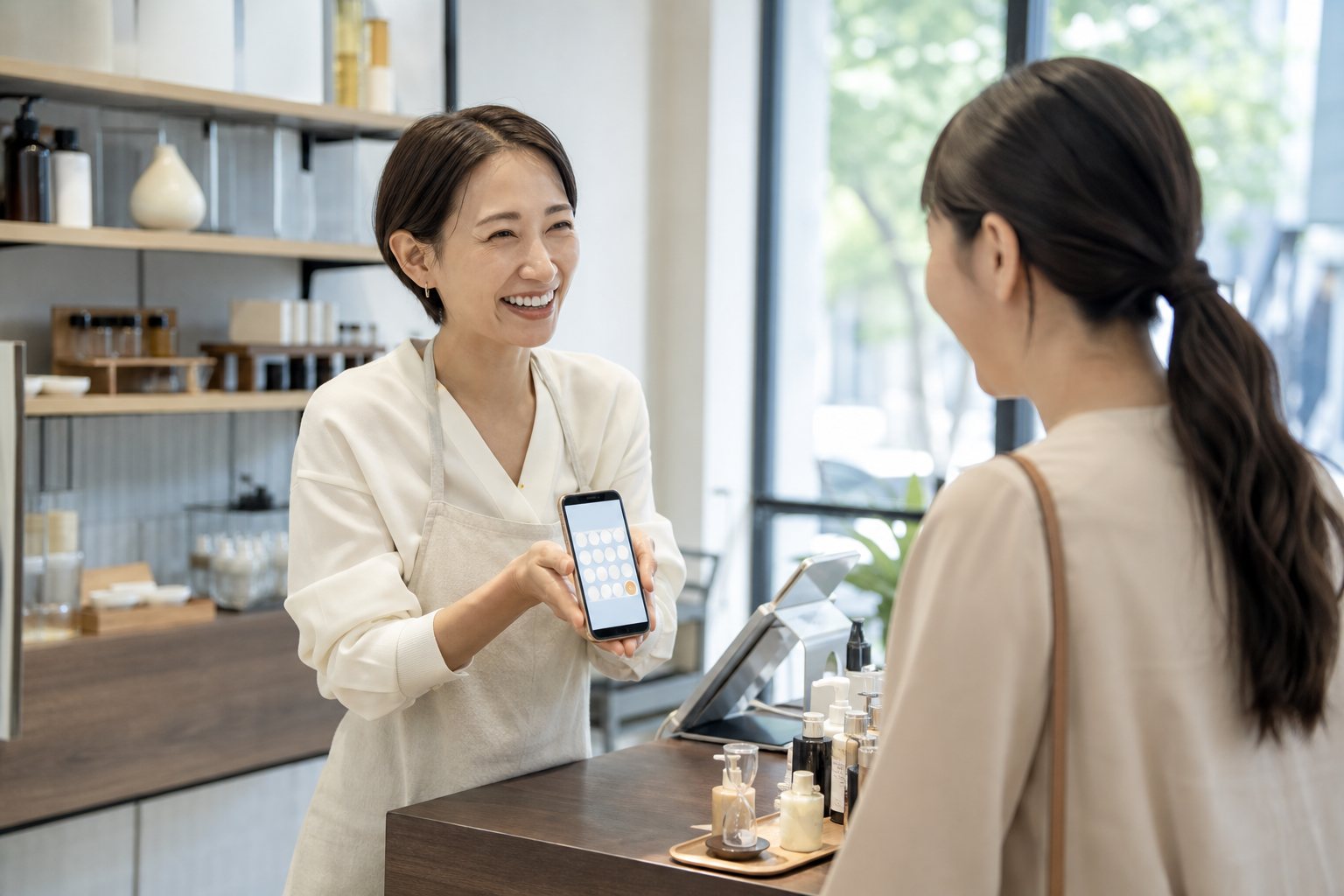 ブティックの店頭でスマートフォンの会員証を見せる女性