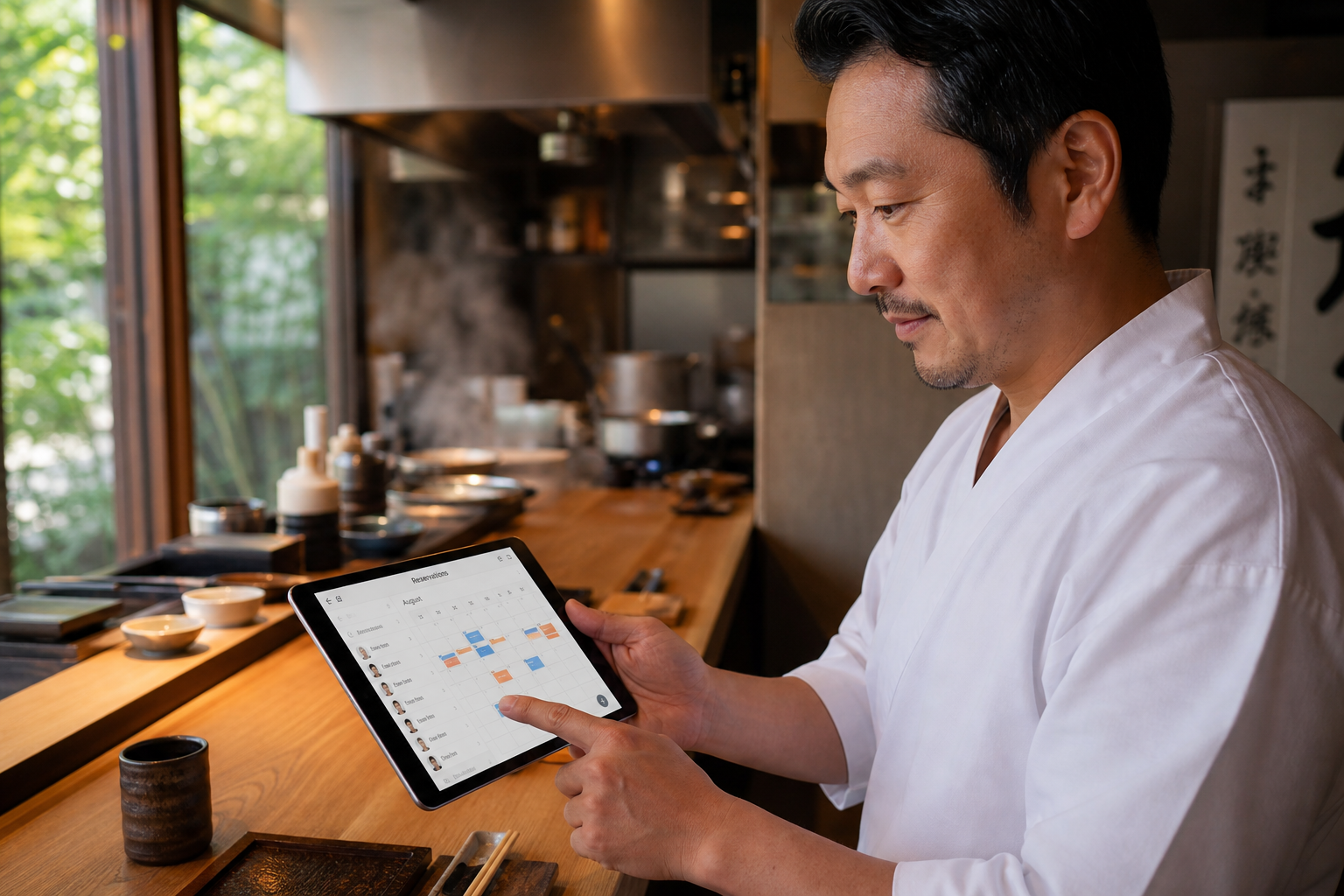 レストランのオーナーがタブレットで予約を確認している様子